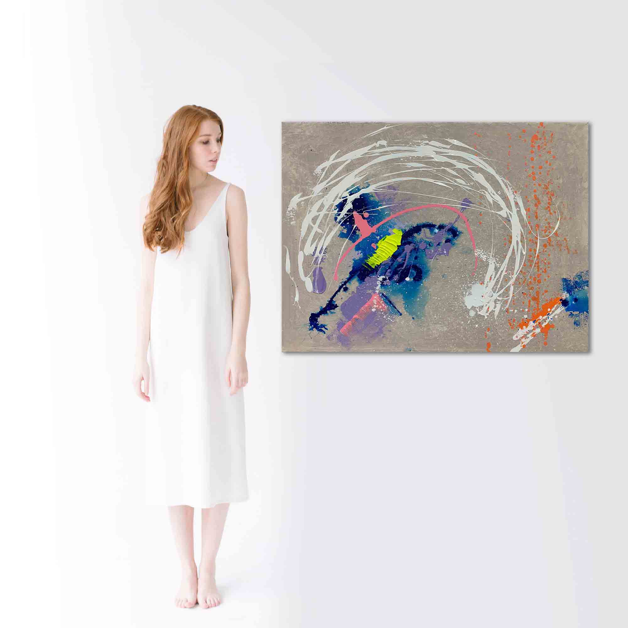 Abstraktes Originalgemälde „EXPECTATIONS – HOPE“ von Sophie Friederichs im Format 60 × 80 cm mit strukturierter Acrylmalerei in Taupe, Orange, Blau und Violett. Moderne Leinwandkunst mit organischen Formen und Symbolik für Hoffnung, Zuversicht und Transformation.