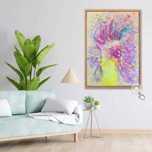 Abstraktes Kakadu-Gemälde von Sophie Friederichs mit farbintensivem Vogelmotiv in Neonfarben und dynamischer Komposition auf Leinwand, moderne expressive Tierkunst mit starken Kontrasten.