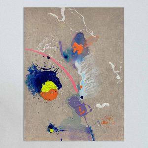 Abstraktes Leinwandgemälde „EXPECTATIONS – RISE“ von Sophie Friederichs in 50×70 cm mit strukturierten Acrylfarben in Taupe, Orange, Blau und Violett, organischer abstrakter Komposition mit dynamischer Farbverteilung.