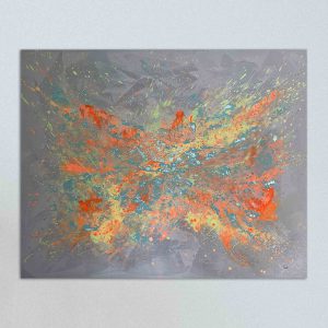 THE REEF, ein abstrakt gemaltes Leinwandbild in 120x150 cm Größe. Farbwelt: Grau, türkis, Orange
