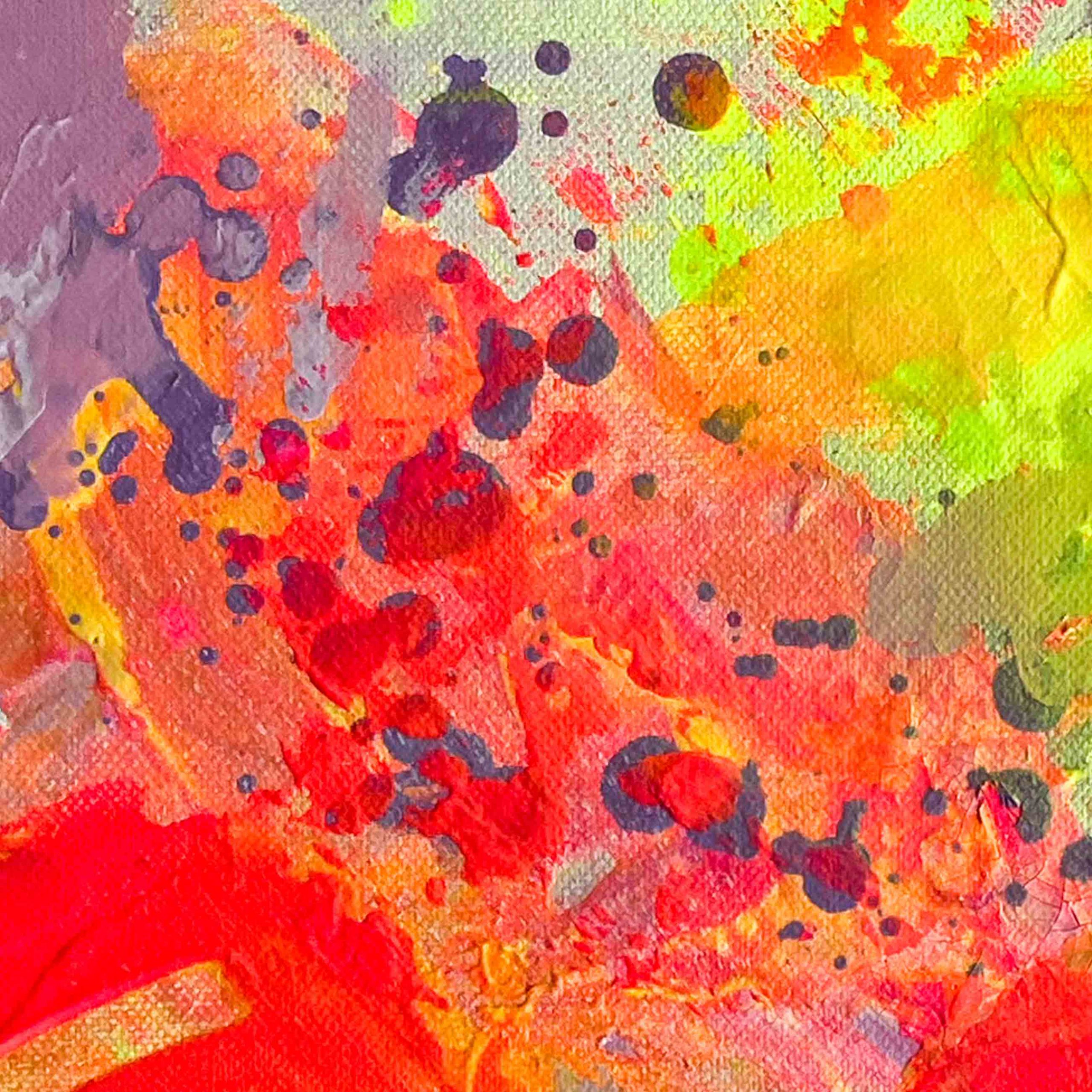 Detailansicht: Abstraktes Leinwandbild ON THE DANCEFLOOR von Sophie Friederichs. Farbwelt: Neongelb, Neonpink, Lila und Orange