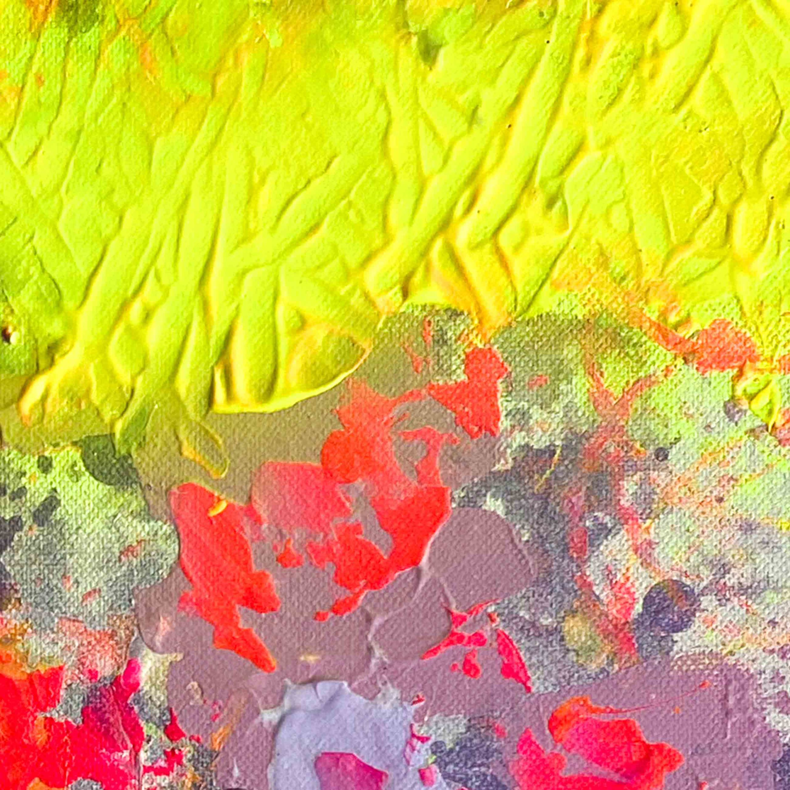 Detailansicht: Abstraktes Leinwandbild ON THE DANCEFLOOR von Sophie Friederichs. Farbwelt: Neongelb, Neonpink, Lila und Orange