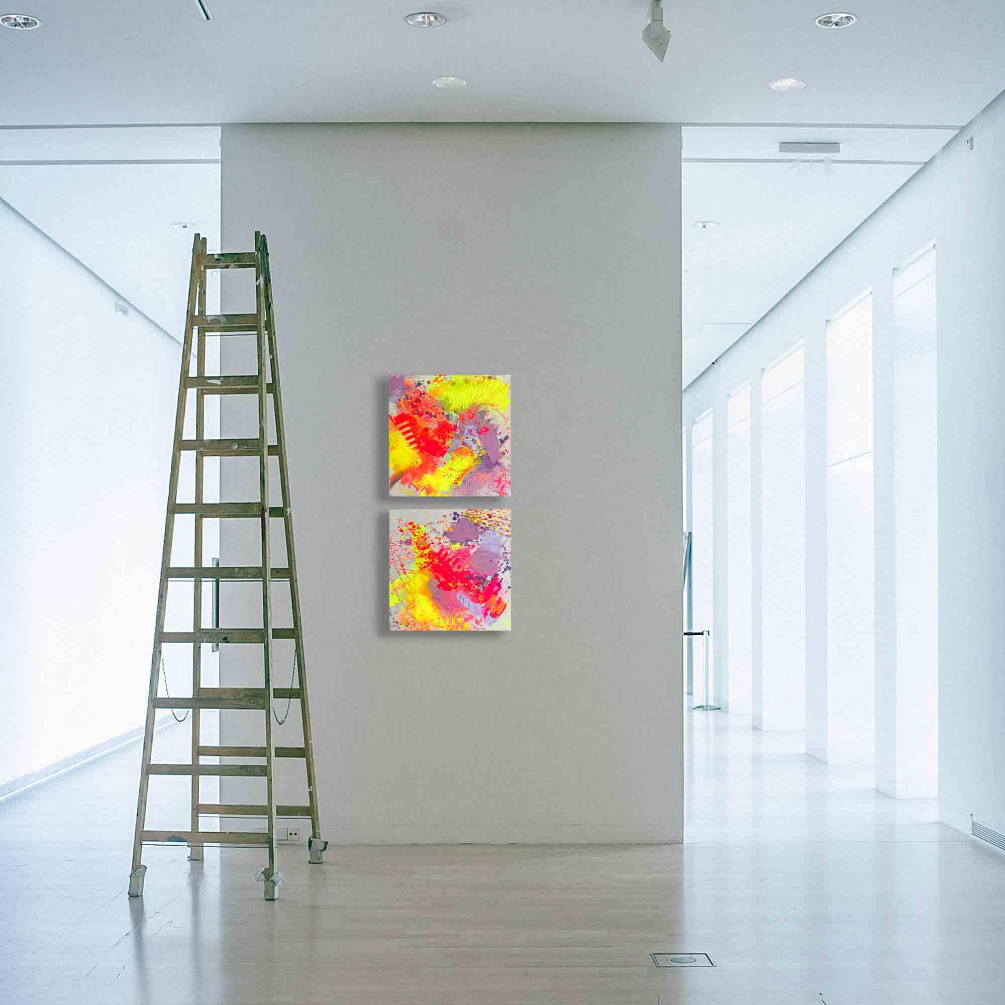Galerieansicht: Abstraktes Leinwandbild ON THE DANCEFLOOR von Sophie Friederichs. Farbwelt: Neongelb, Neonpink, Lila und Orange