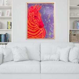 Modernes Zebra-Gemälde von Sophie Friederichs mit schwarzem Zebra-Motiv, leuchtenden Farbakzenten und abstrakten Elementen. Handgemalte Acrylmalerei auf Leinwand im zeitgenössischen Kunststil.