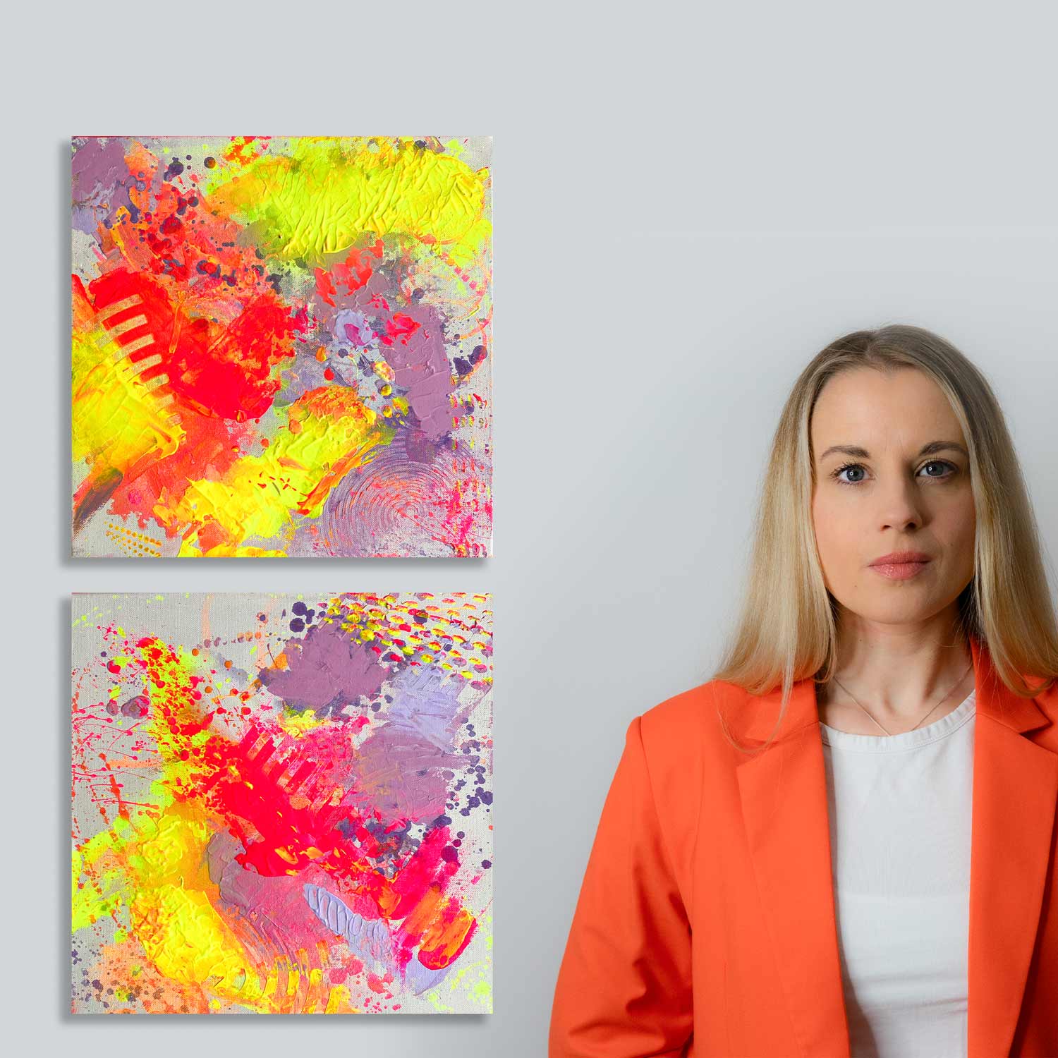 Zweiteiliges abstraktes Kunstwerk „FOOTSTEPS“ von Sophie Friederichs mit zwei aufeinander abgestimmten Leinwandbildern in Neonpink, Gelb, Orange und Lila. Dynamische Acrylmalerei voller Bewegung, Rhythmus und moderner Farbenergie.