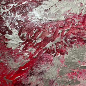 Abstraktes Originalgemälde „VIENNA“ von Sophie Friederichs mit leuchtenden Farben in Pink, Orange, Violett und Goldakzenten, dynamische Acrylmalerei mit urban inspirierter Komposition auf Leinwand.