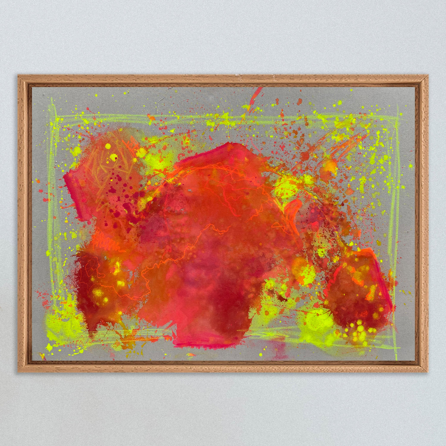 THE HILLS - ein abstrakt gemaltes Leinwandbild in den Maßen 120x80 cm. Der Malgrund ist naturfarben und die Hauptfarben des Bildes sind Pink, Orange, Kaminrot und Neongelb. Gemalt von Sophie Friederichs im April 2024