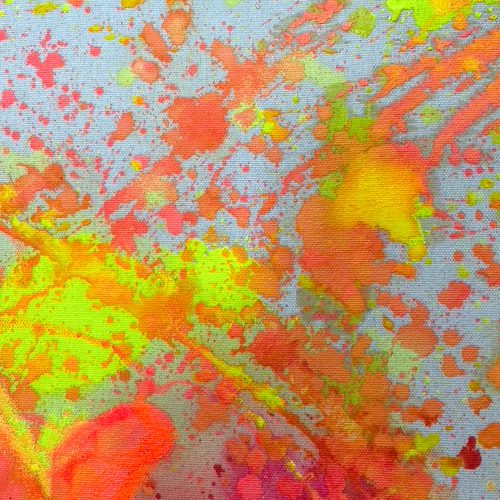 THE HILLS - ein abstrakt gemaltes Leinwandbild in den Maßen 120x80 cm. Der Malgrund ist naturfarben und die Hauptfarben des Bildes sind Pink, Orange, Kaminrot und Neongelb. Gemalt von Sophie Friederichs im April 2024