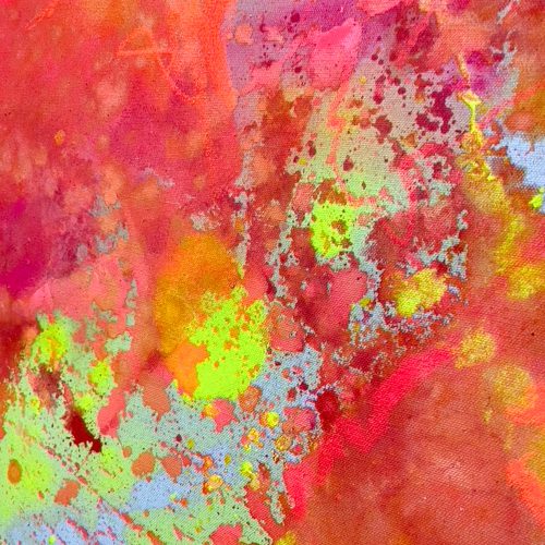 THE HILLS - ein abstrakt gemaltes Leinwandbild in den Maßen 120x80 cm. Der Malgrund ist naturfarben und die Hauptfarben des Bildes sind Pink, Orange, Kaminrot und Neongelb. Gemalt von Sophie Friederichs im April 2024