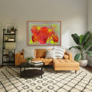Großformatiges abstraktes Gemälde „THE HILLS“ von Sophie Friederichs im Format 120 × 80 cm mit leuchtenden Farben in Pink, Orange, Kaminrot und Neongelb auf naturfarbenem Hintergrund, strukturierte Acrylmalerei mit dynamischer, landschaftsähnlicher Komposition.