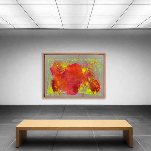 THE HILLS - ein abstrakt gemaltes Leinwandbild in den Maßen 120x80 cm. Der Malgrund ist naturfarben und die Hauptfarben des Bildes sind Pink, Orange, Kaminrot und Neongelb. Gemalt von Sophie Friederichs im April 2024