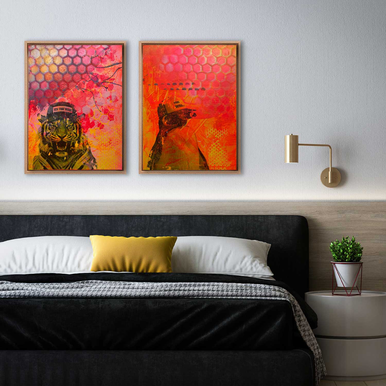 Halb abstraktes Tiger-Gemälde „FCK THAT MERDE“ von Sophie Friederichs mit schwarzem Tiger-Motiv, Neonpink, Neongelb und Violett auf Leinwand, expressive Acryl- und Mischtechnik mit urbaner, kontrastreicher Bildsprache.