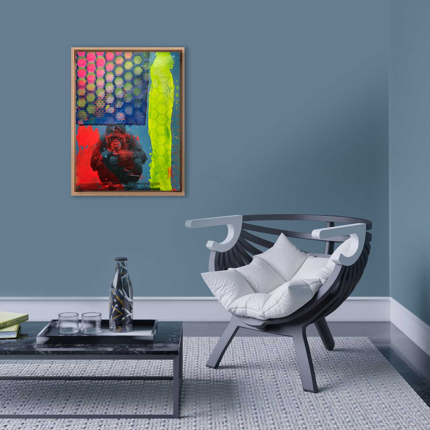 Halb abstraktes Orang-Utan-Gemälde „URANG UTAN – I DON’T REGRETTE“ von Sophie Friederichs mit Schwarz-Weiß-Strukturen, Kobaltblau und Neonakzenten, expressive Acryl- und Mischtechnik auf Leinwand mit moderner, texturierter Bildsprache.