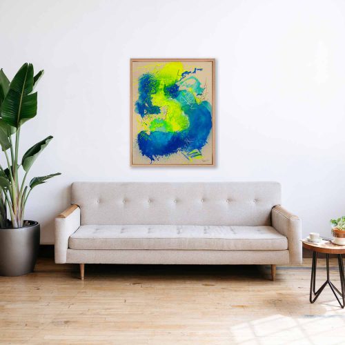 OCEANS - ein abstrakt gemaltes Leinwandbild in 60c80 cm Größe. Strahlend blau, kräftiges türkis und ein starkes neongelb auf naturfarbenem Malgrund.