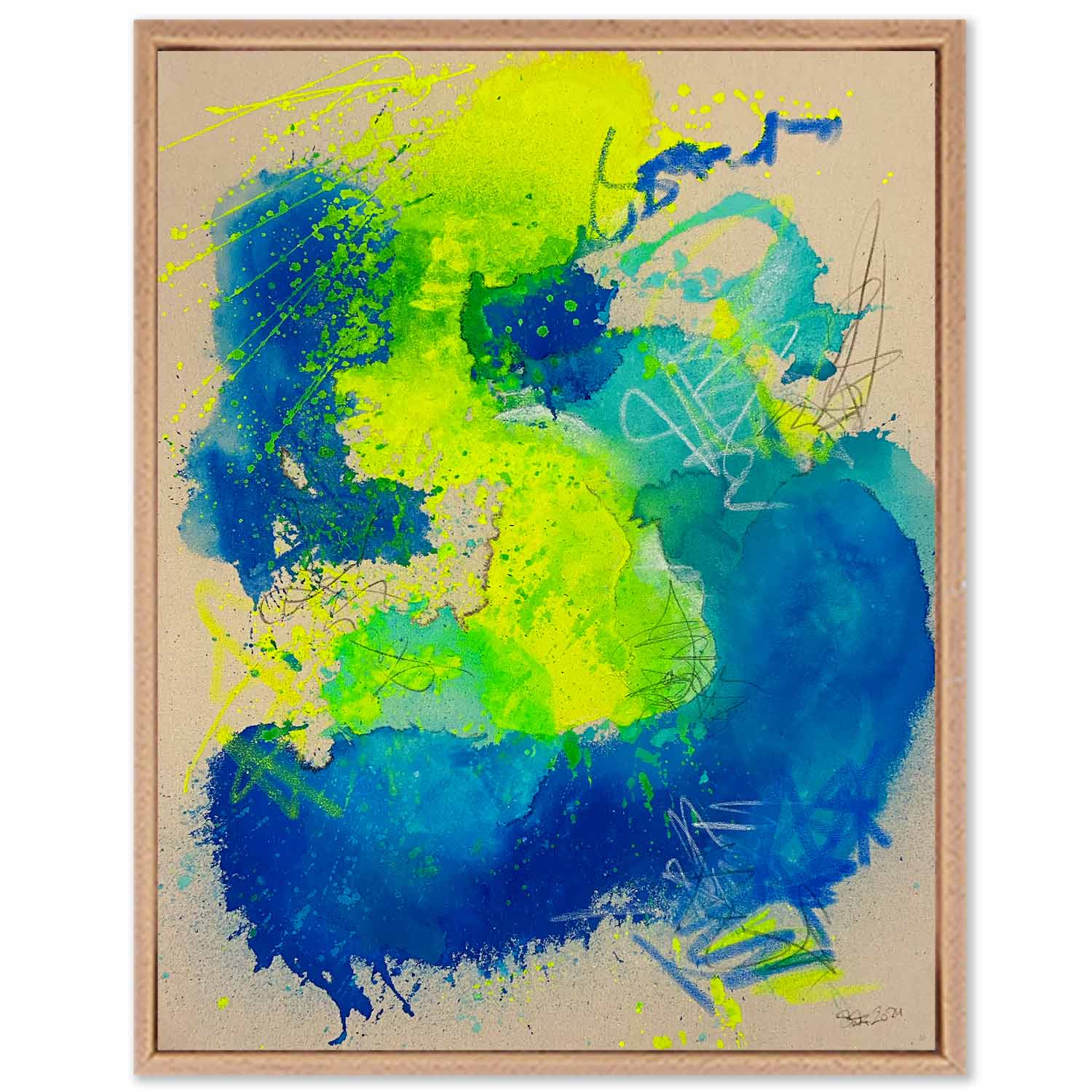 OCEANS - ein abstrakt gemaltes Leinwandbild in 60c80 cm Größe. Strahlend blau, kräftiges türkis und ein starkes neongelb auf naturfarbenem Malgrund.