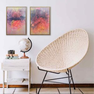 Zweiteiliges abstraktes Kunstwerk „BY THE WAY“ von Sophie Friederichs mit zwei Leinwandbildern im Format 30 × 40 cm in Rosa-, Lila- und Gelbtönen, strukturierte Acrylmalerei mit moderner, farbintensiver Komposition.
