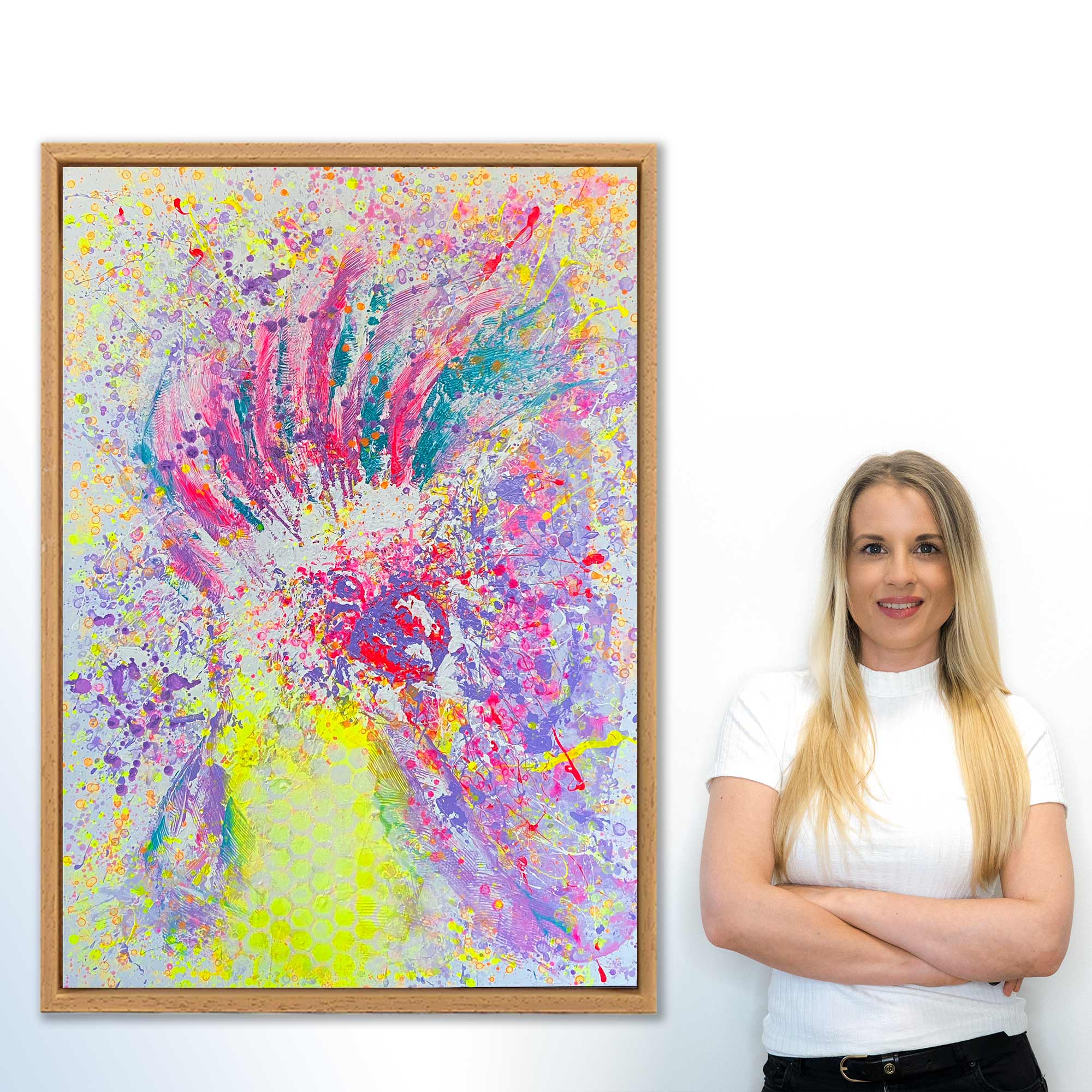 Abstraktes Kakadu-Gemälde von Sophie Friederichs mit farbintensivem Vogelmotiv in Neonfarben und dynamischer Komposition auf Leinwand, moderne expressive Tierkunst mit starken Kontrasten.