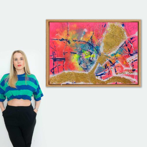 NULLVIERNULL - ein abstrakt gemaltes Bild einer historischen Stadtkarte von Hamburg. Farbwelt: gold, Pink, Blau, Türkis. Künstlerin: Sophie Friederichs. März 2025.