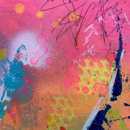 NULLVIERNULL - ein abstrakt gemaltes Bild einer historischen Stadtkarte von Hamburg. Farbwelt: gold, Pink, Blau, Türkis. Künstlerin: Sophie Friederichs. März 2025.