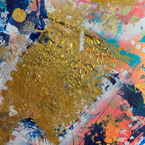 NULLVIERNULL - ein abstrakt gemaltes Bild einer historischen Stadtkarte von Hamburg. Farbwelt: gold, Pink, Blau, Türkis. Künstlerin: Sophie Friederichs. März 2025.