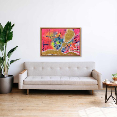 NULLVIERNULL - ein abstrakt gemaltes Bild einer historischen Stadtkarte von Hamburg. Farbwelt: gold, Pink, Blau, Türkis. Künstlerin: Sophie Friederichs. März 2025.