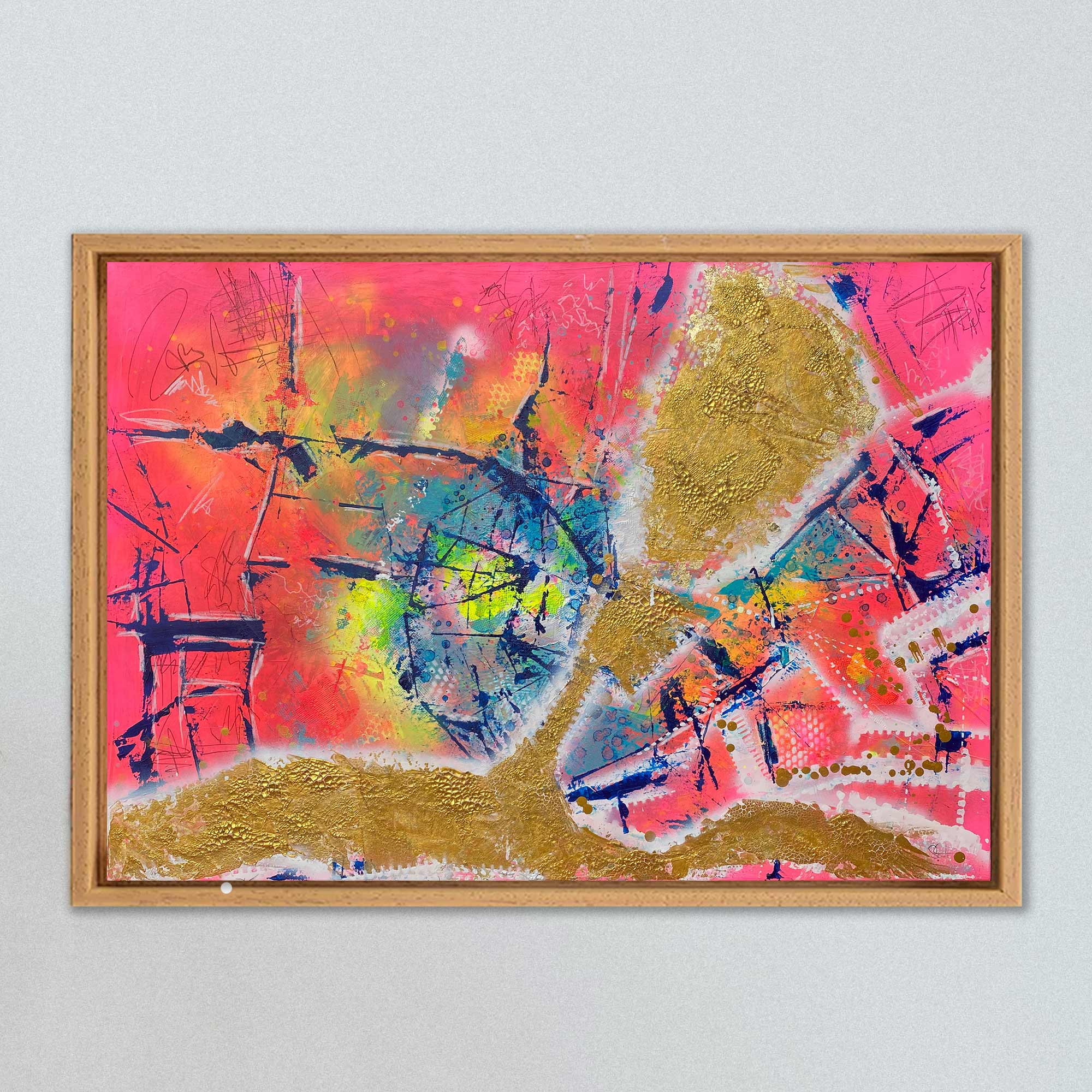NULLVIERNULL - ein abstrakt gemaltes Bild einer historischen Stadtkarte von Hamburg. Farbwelt: gold, Pink, Blau, Türkis. Künstlerin: Sophie Friederichs. März 2025.