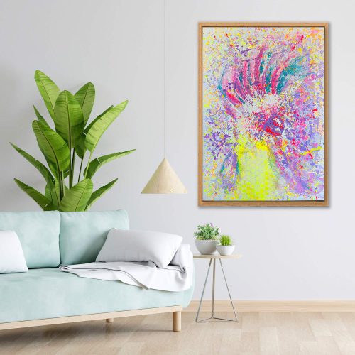 KAKADU - abstraktes Bild eines Kakadus in den Farben lila, Neongelb und Neonpink