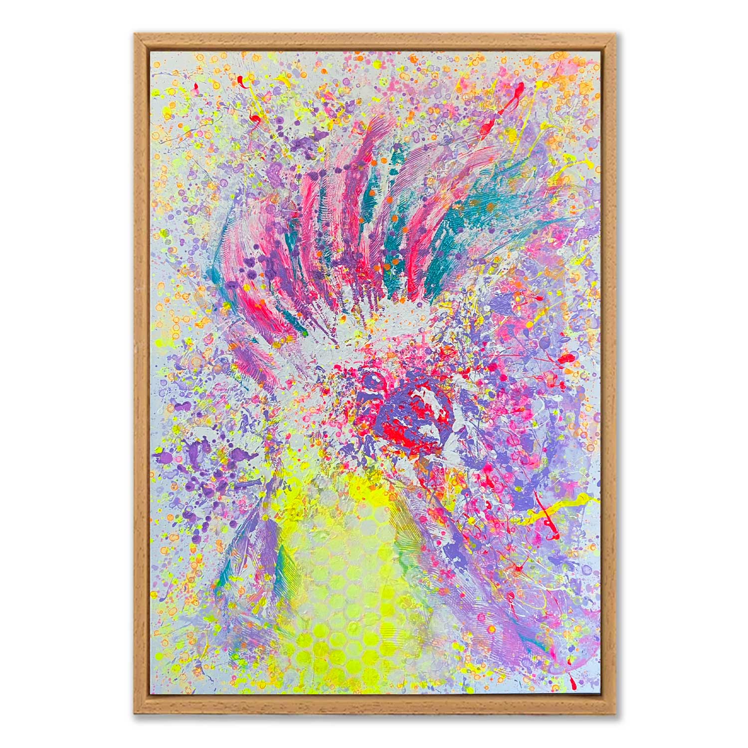 KAKADU - abstraktes Bild eines Kakadus in den Farben lila, Neongelb und Neonpink