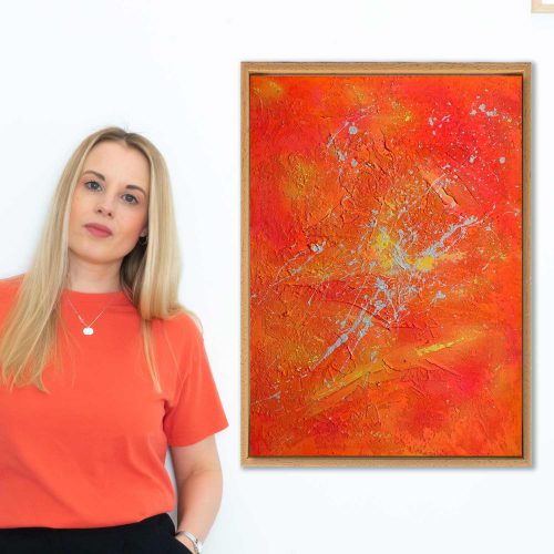 Titel: alles wieder gut
Künstlerin: Sophie Friederichs (Hamburg)
Technik: Acryl, Strukturpaste & Sand auf Leinwand
Maße: 50 x 70 cm
Farben: Knalliges Orange & Pink
Struktur: Rau, großflächig, mit fühlbarer Textur
Inspiration: Lied „Alles wieder gut“ – persönliche Bedeutung als Mutter