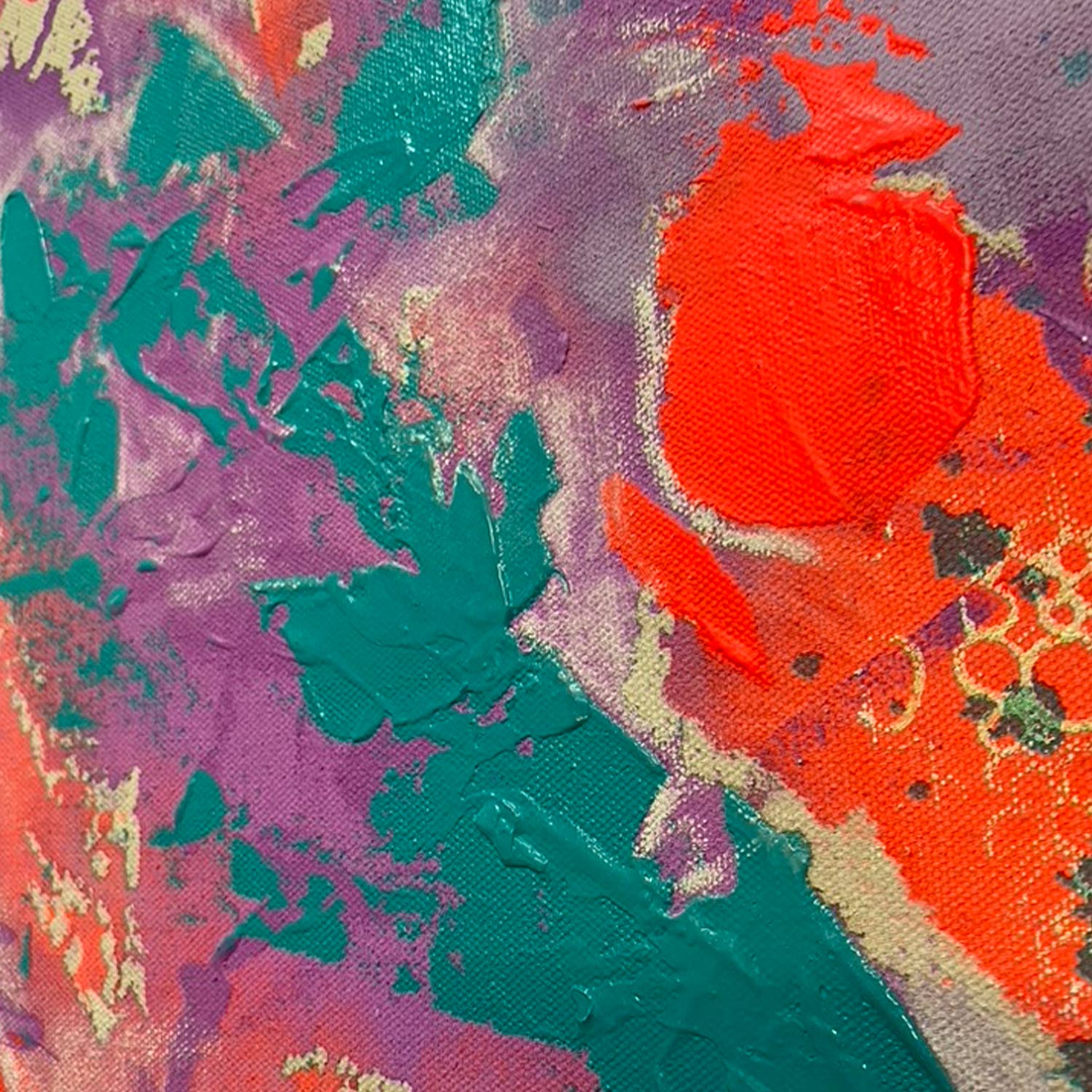 Abstraktes Originalgemälde „ALASKA“ von Sophie Friederichs mit Neon-Orange, Violett und Türkis auf naturfarbenem Hintergrund, dynamische Acrylmalerei mit strukturierter Oberfläche und moderner Farbkomposition.