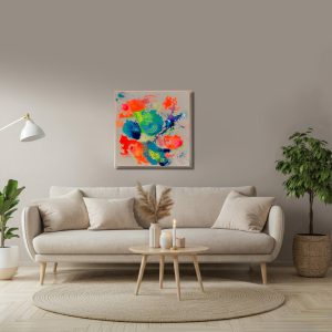 Abstraktes Originalgemälde „BORN SLIPPY“ von Sophie Friederichs im Format 70 × 70 cm mit Neon-Orange, Gelb, Blau und Violett auf naturfarbenem Hintergrund, dynamische Acrylmalerei mit urbaner Street-Art-Ästhetik.
