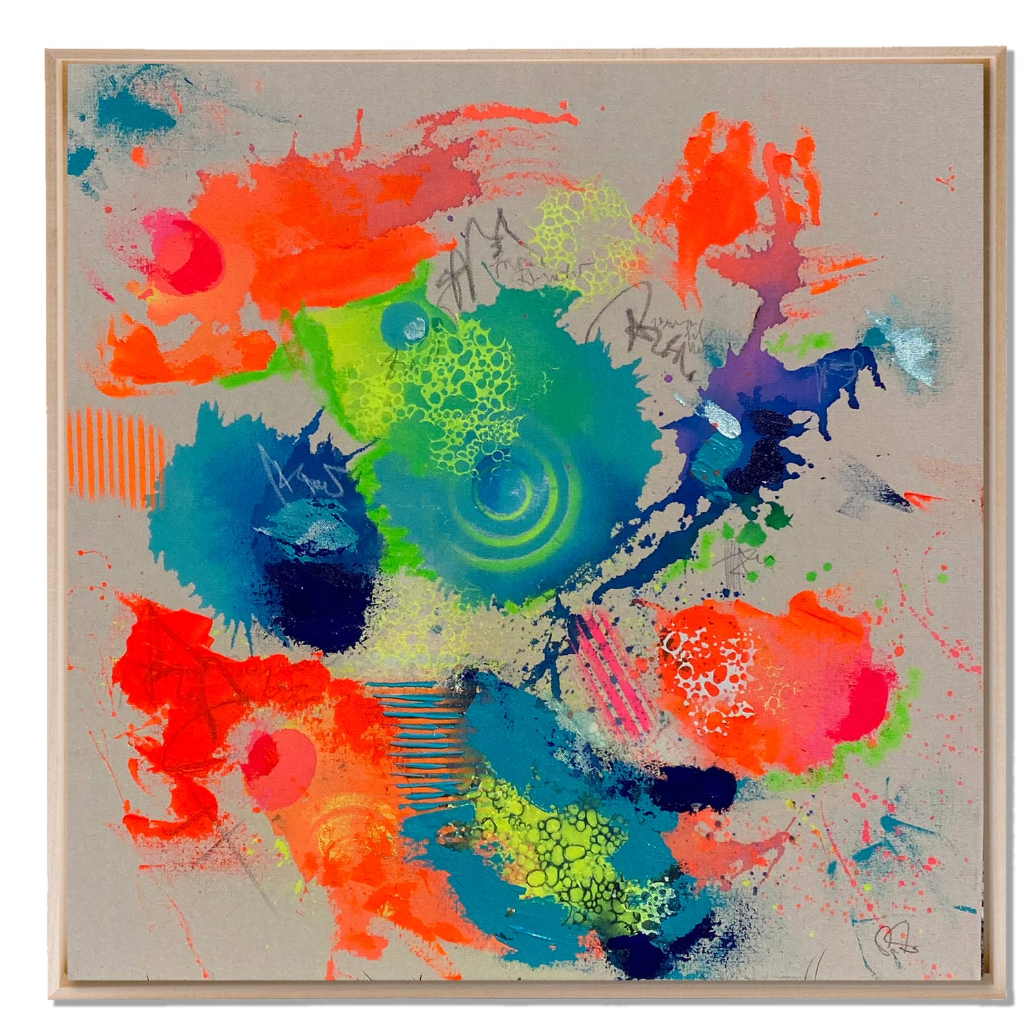 BORN SLIPPY - ein abstraktes Kunstwerk von Sophie Friederichs in der Größe 70x70 cm. Naturfarbener Baumwollmalgrund mir neon-orange, gelb, türkis und Blau.