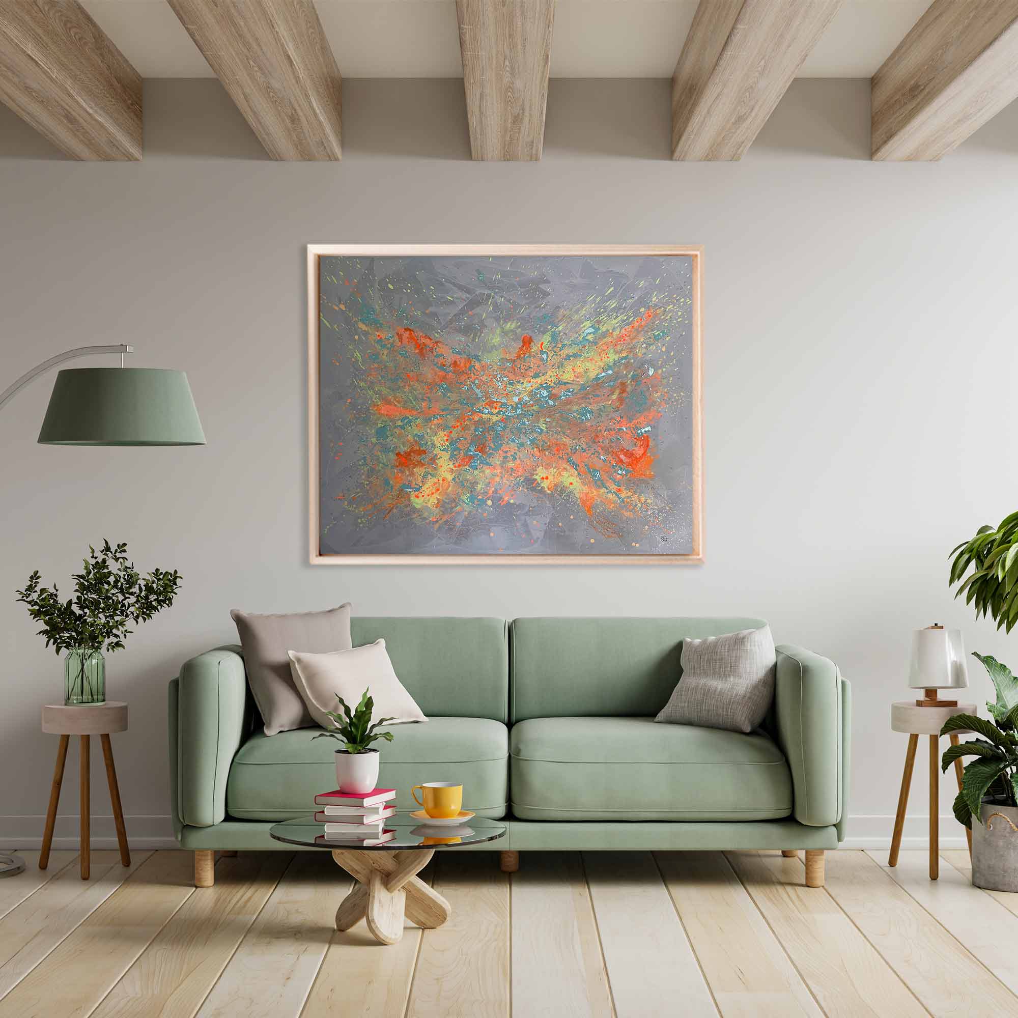 THE REEF - abstraktes großes Leinwandbild in warm grau, neon orange, gelb und türkis. Dieses Bild ist angelehnt an die Farben des Great Barrier Reefs iin Australien.