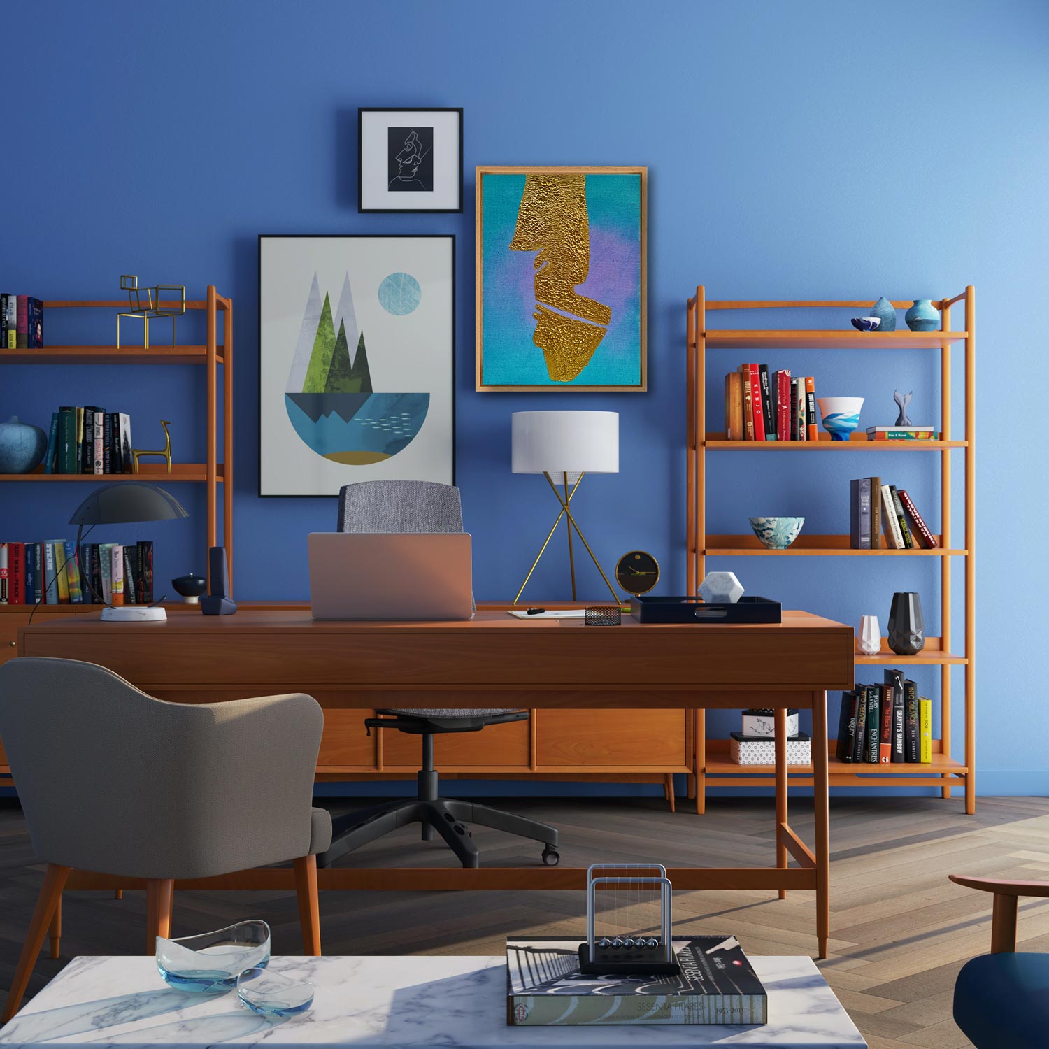 👉 Kunstwerke im Arbeitszimmer: Fokus & Konzentration
nicht zu unruhig
inspirierend, aber nicht ablenkend
Empfehlung: Strukturierte, klare abstrakte Kunst