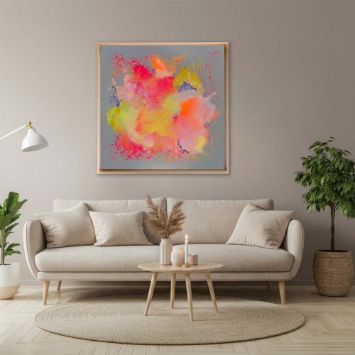 LOSE IT - ein abstraktes Kunstwerk von Sophie Friederichs in 100x100 cm. Die Farbwelt geht von Neonpink über Gelbtönen bis hin zu Orange, Zartrosa und lila Akzenten.
