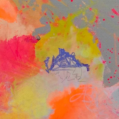 LOSE IT - ein abstraktes Kunstwerk von Sophie Friederichs in 100x100 cm. Die Farbwelt geht von Neonpink über Gelbtönen bis hin zu Orange, Zartrosa und lila Akzenten.