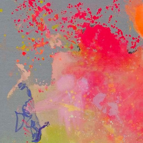 LOSE IT - ein abstraktes Kunstwerk von Sophie Friederichs in 100x100 cm. Die Farbwelt geht von Neonpink über Gelbtönen bis hin zu Orange, Zartrosa und lila Akzenten.