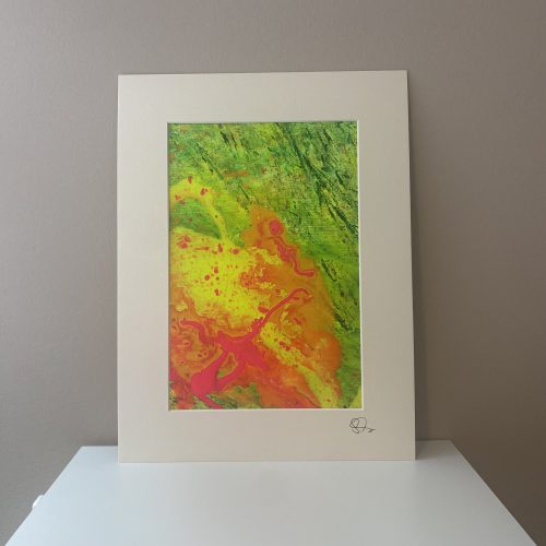 Abstrakte Mini Painting Serie Tropical von Sophie Friederichs. Eine Farbexplosion aus grün, gelb, pink und orange.