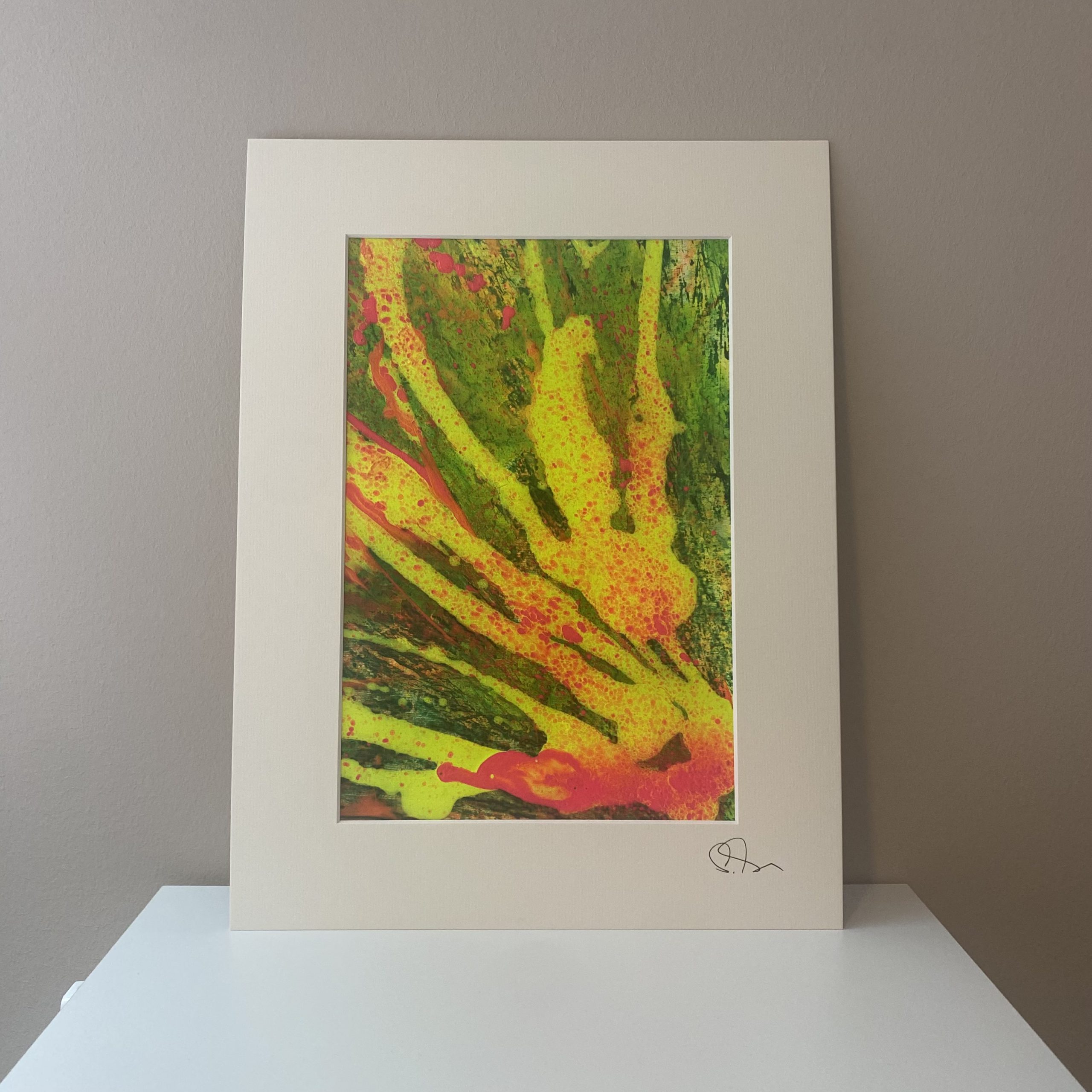 Abstrakte Mini Painting Serie Tropical von Sophie Friederichs. Eine Farbexplosion aus grün, gelb, pink und orange.