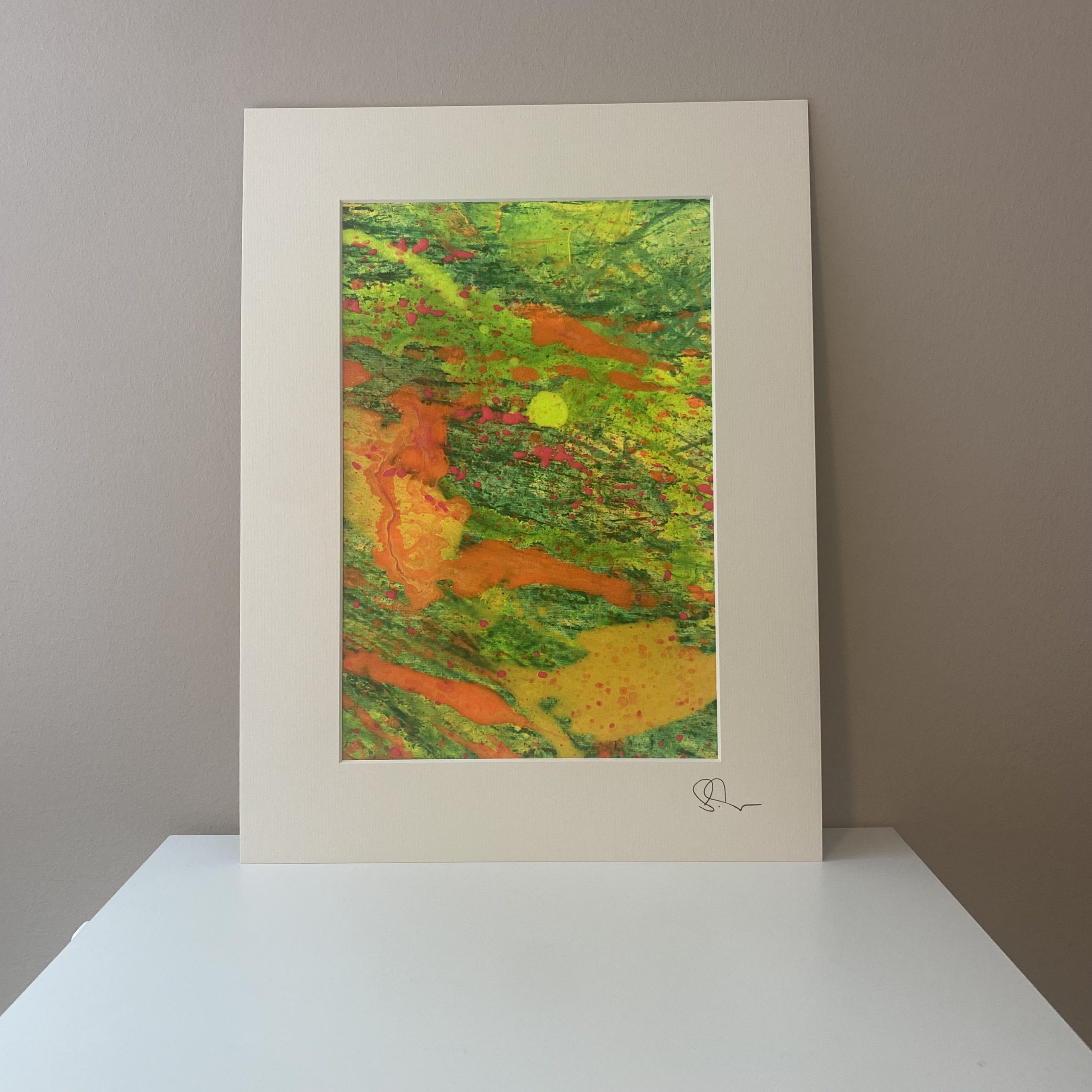 Abstrakte Mini Painting Serie Tropical von Sophie Friederichs. Eine Farbexplosion aus grün, gelb, pink und orange.