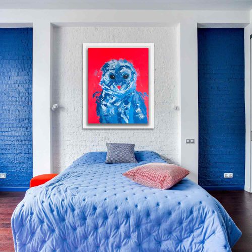 HOWLY - ein abstraktes Leinwandbild von SOphie Friederichs. Zu sehen ist eine halb abstralte Eule in verschiedenen Blautönen auf einem neonpinken Hintergrund.