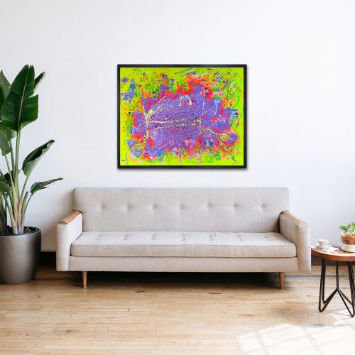 Das Werk „NULLDREINULL“ zeigt eine abstrahierte Darstellung des Berliner Stadtgebiets inklusive seiner charakteristischen Gewässer. In expressiver, vielschichtiger Komposition verdichten sich Linien, Flächen und Farbräume zu einer dynamischen Stadtkarte, die weniger geografische Präzision als vielmehr Atmosphäre und Energie transportiert.