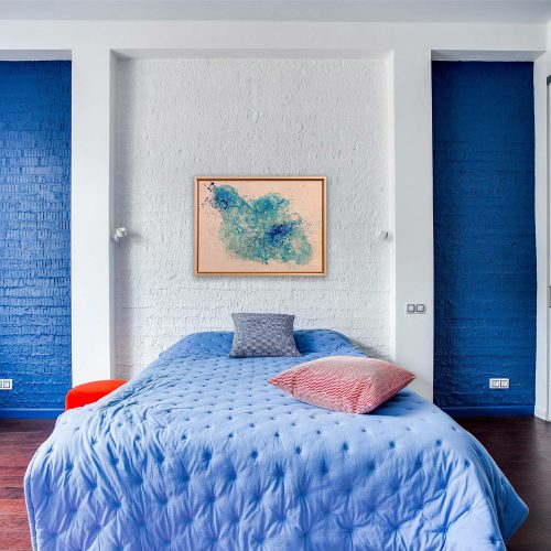 Kunst im Schlafzimmer: ein ruhiger, persönlicher Raum
wähle sanfte und / oder warme Farben
weniger Kontraste
entspannte Komposition
Empfehlung: Harmonische, reduzierte abstrakte Arbeiten