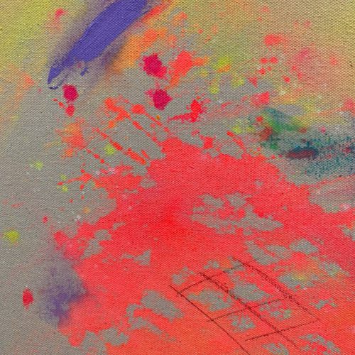 Abstrakt gemaltes, farbgewaltiges Leinwandbild JUNEBUG von Sophie Friederichs. Farbwelt von Neonpink, über Gelb, Orange, Lila bis hin zu Türkis und Dunkelblau.