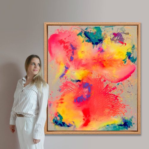 Abstrakt gemaltes, farbgewaltiges Leinwandbild JUNEBUG von Sophie Friederichs. Farbwelt von Neonpink, über Gelb, Orange, Lila bis hin zu Türkis und Dunkelblau.