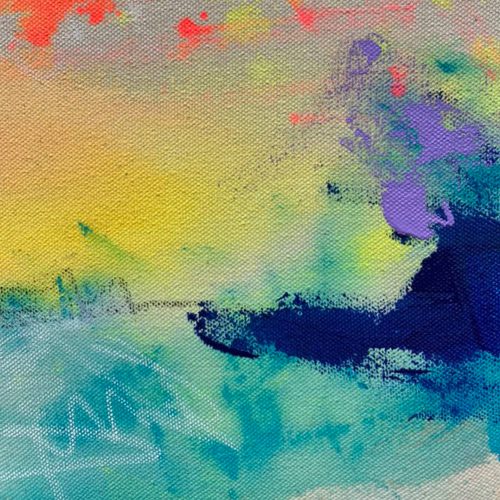 Abstrakt gemaltes, farbgewaltiges Leinwandbild JUNEBUG von Sophie Friederichs. Farbwelt von Neonpink, über Gelb, Orange, Lila bis hin zu Türkis und Dunkelblau.