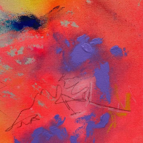 Abstrakt gemaltes, farbgewaltiges Leinwandbild JUNEBUG von Sophie Friederichs. Farbwelt von Neonpink, über Gelb, Orange, Lila bis hin zu Türkis und Dunkelblau.