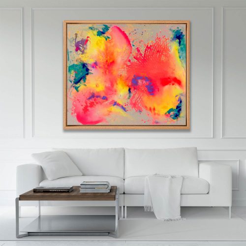 Abstrakt gemaltes, farbgewaltiges Leinwandbild JUNEBUG von Sophie Friederichs. Farbwelt von Neonpink, über Gelb, Orange, Lila bis hin zu Türkis und Dunkelblau.