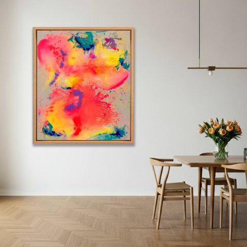 Abstrakt gemaltes, farbgewaltiges Leinwandbild JUNEBUG von Sophie Friederichs. Farbwelt von Neonpink, über Gelb, Orange, Lila bis hin zu Türkis und Dunkelblau.