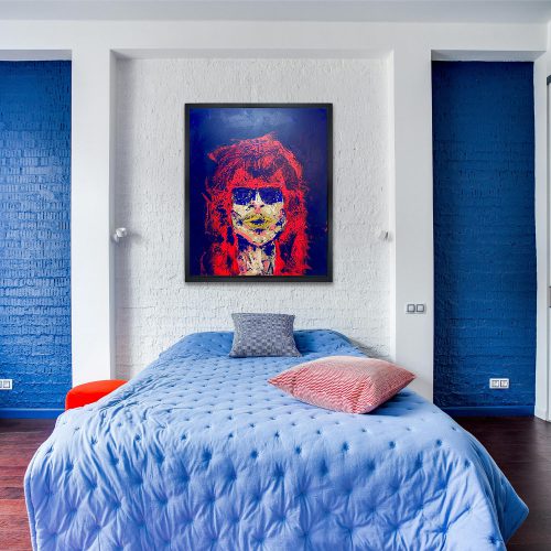 Halb abstraktes original gemaltes Bild von einem Rockstar mit Sonnenbrille und langen Haaren. Farbwelt von dunkelblau, Neonpuink, beige und Gold. Klünstlerin Sophie Friederichs.